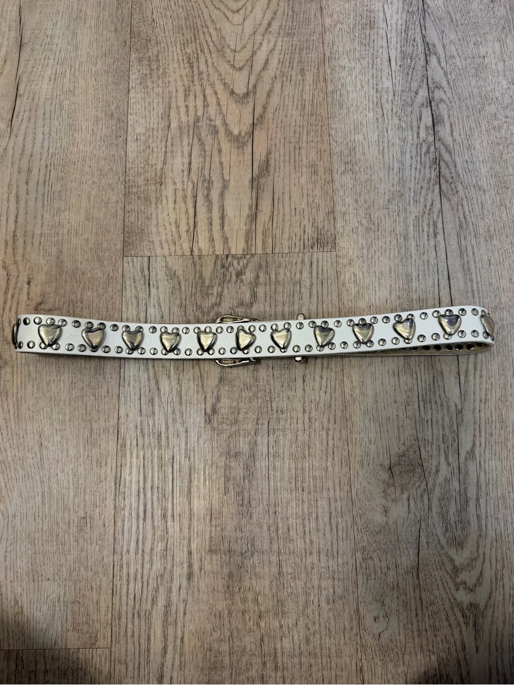 Donna Karan White Leather Studded Belt with Heart Accents